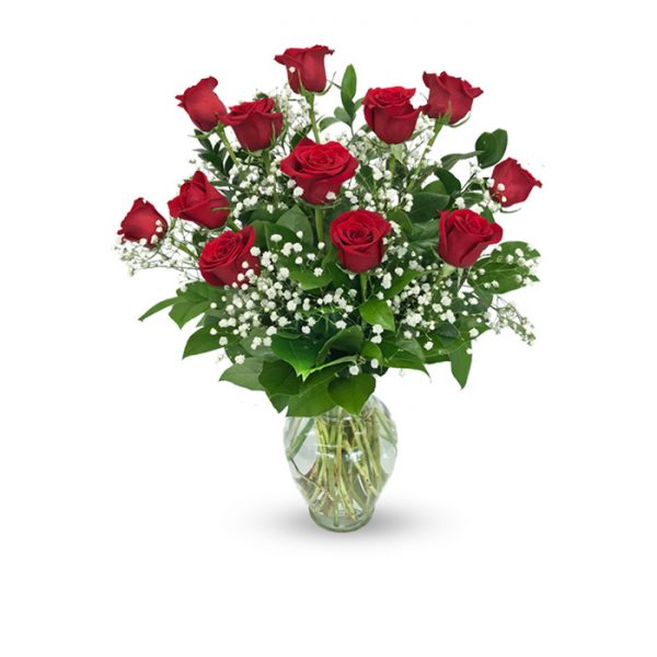 dozen red roses in vase with baby's breath