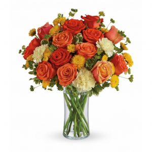 orange roses, white carnations